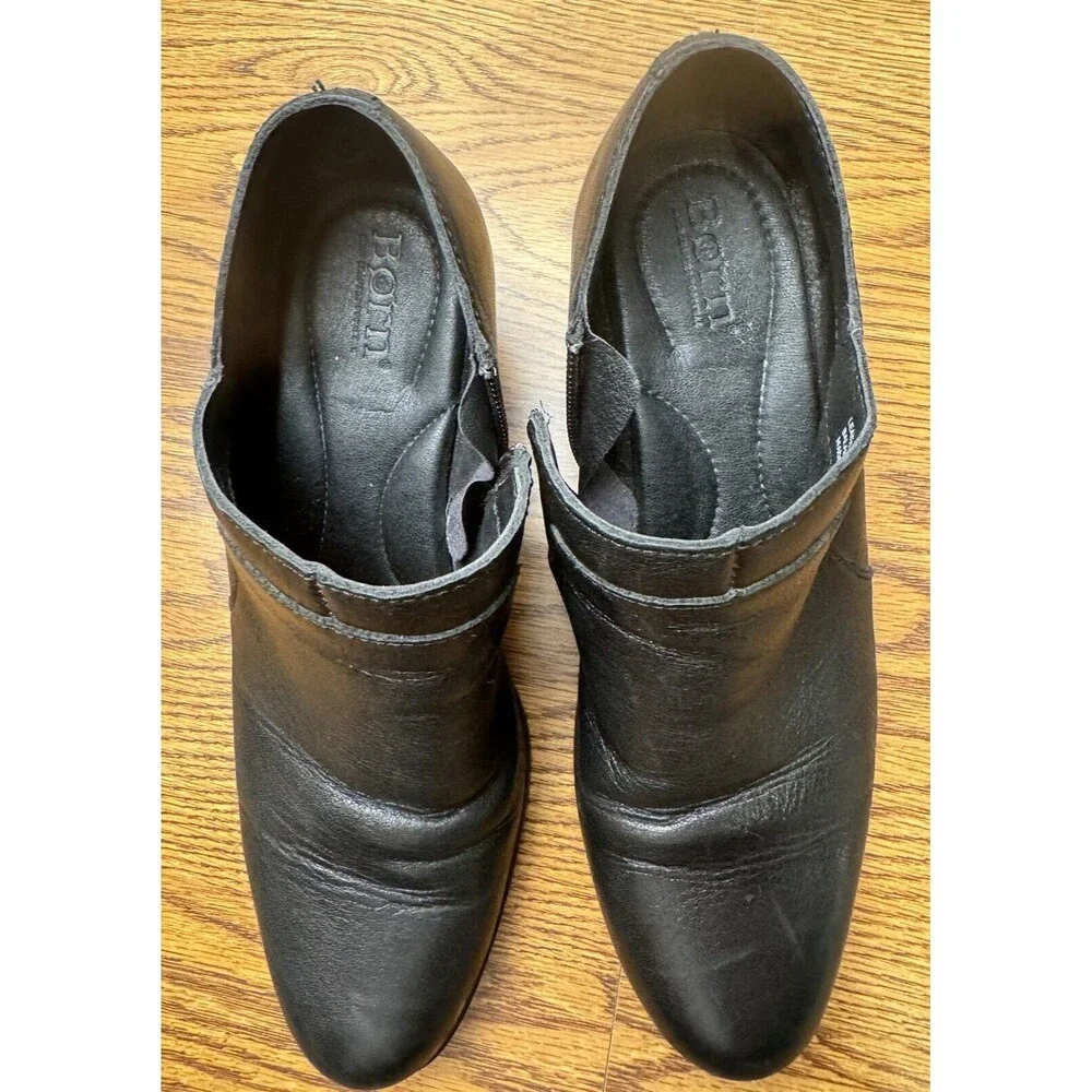 Born Caley Leather Booties Womens 8.5M‎ Dark Brown Stacked Heel